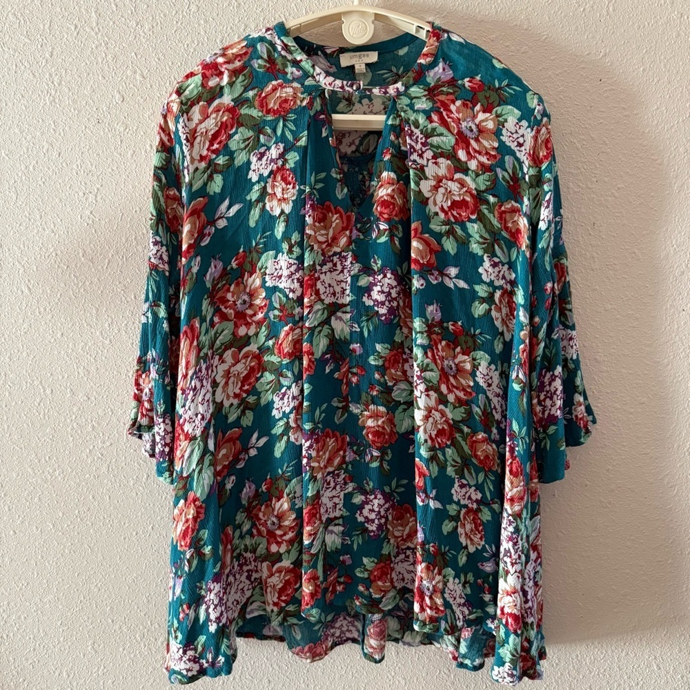 Umgee Floral Boho Dress Keyhole Dark Jade Peasant Tunic Hippie Women’s Size S